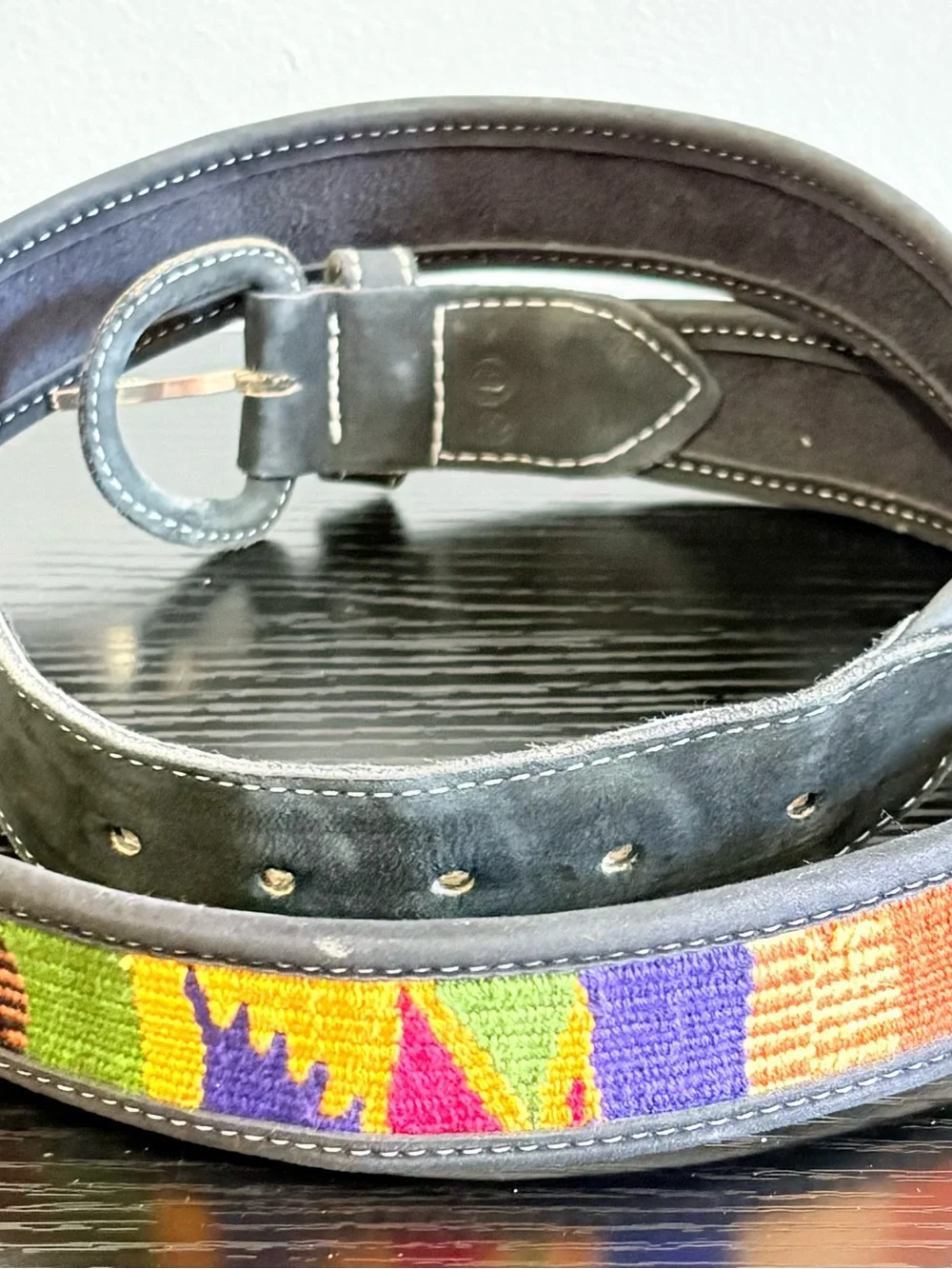 Woven Tapestry Leather Belt 41” Multicolor Boho Southwestern